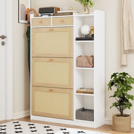 Meuble à chaussures étroit 90 x 24 x 130 cm, blanc et bois clair, 3 compartiments rabattables avec façades en résine tressée, 2 tiroirs, étagères réglables, niches ouvertes – CHICFURN (1/5)