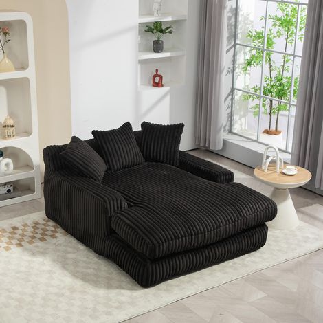 Modernes Cord-Schlafsofa mit 3 weichen Kissen, bequemes Bodensofa, 125 x 155 x 63 cm, Schwarz
