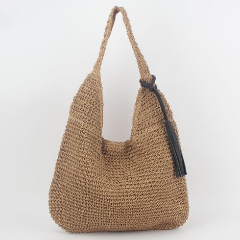 Semplice e moderna borsa a tracolla singola in paglia, borsa intrecciata a mano in stile foresta, borsa da spiaggia casual e versatile di grande capacità. (1/2)