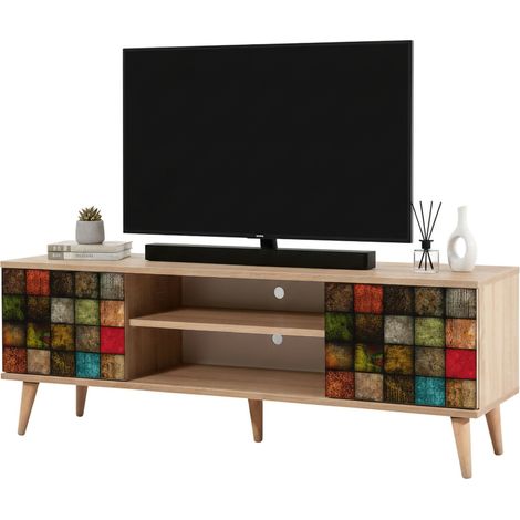 Dmora - Mobile porta TV Enrica, Credenza da soggiorno, Armadio basso per TV, Base parete attrezzata, 140x40h50 cm, Quercia e Multicolore
