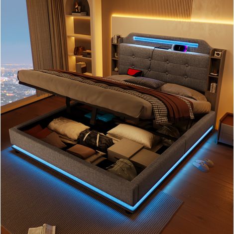 Lit coffre en lin gris et MDF 140x200 cm avec LED, rangements intégrés et ports USB/Type-C (1/5)