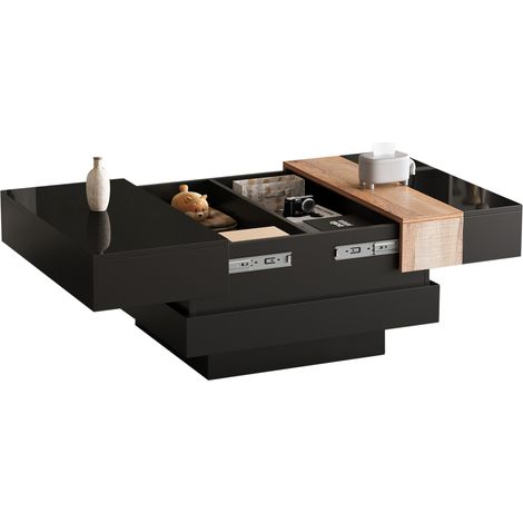Tavolino da Salotto Quadrato con Piano Scorrevole e Vano Contenitore, Finitura Lucida, per Soggiorno, Nero, 70×70×39 cm (1/5)
