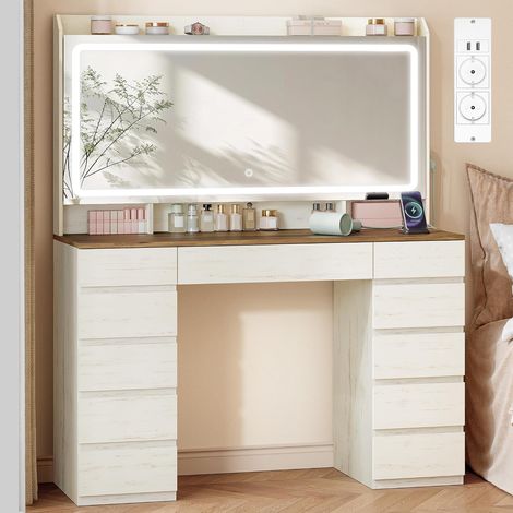 108 cm Postazione Trucco, Grande Specchio HD, Bianco-Marrone, Toeletta Trucco con 3 Colori luci LED Regolabili, 11 Cassetti, 3 Vani aperti e 1 Ripiano Superiore (1/5)