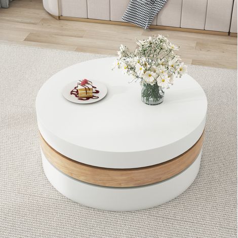 Mesa de centro de MDF 60 x 60 x 35,1 cm Blanco + natural, giratoria 360° con almacenaje (1/5)