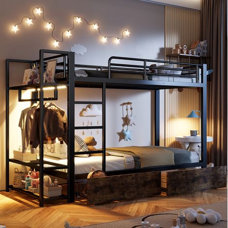 Bett Etagenbett Aufbewahrung 90x200 Metall Schwarz OKMYHOME