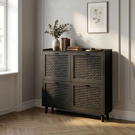 Scarpiera a 4 ribalte 100x24x95 cm, mobile da ingresso con divisori regolabili e rimovibili, legno ed effetto rattan, stile naturale boho, Nero