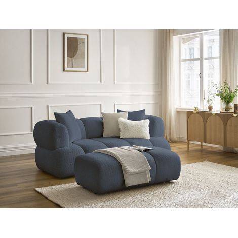 BOBOCHIC - Canapé droit fixe 2 places PAMIRA tissu bouclette avec pouf Bleu foncé (1/5)