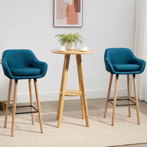 Tabourets de Bar Design scandinave - Lot de 2 tabourets de Bar Grand Confort avec Repose-Pieds et accoudoirs - Bois massif Lin bleu