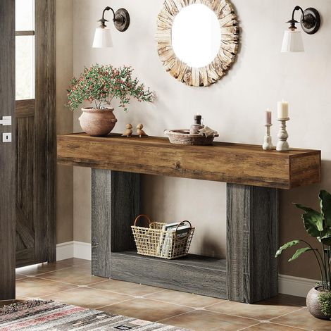 Tribesigns 63" Console Table, Farmhouse 2-Tier Entryway Table with U-Shaped Base, Narrow Long Wood Sofa Table Behind Couch Table for Living Room, Hallway, Foyer, Vintage Brown & Gray (1/5)