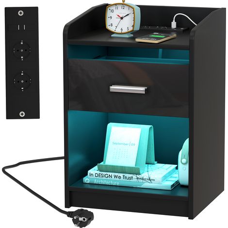 Comodini Haloyo®, Tavolino Laterale con Stazione di Ricarica, Comodino con LED, con Cassetto, Maniglia, Scomparto Aperto, 40x35x58cm, Nero (1/5)