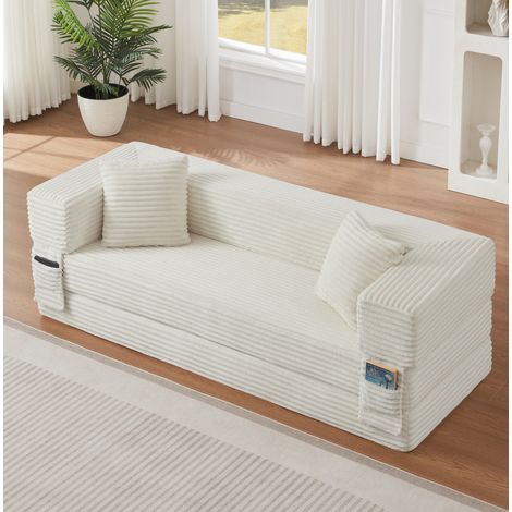 Sofá convertible blanco de espuma con acabado de pana y diseño cuadrado (1/5)
