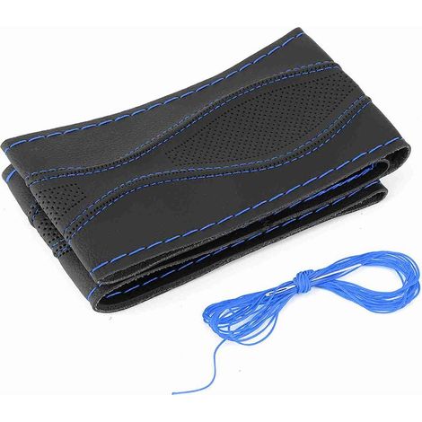 Housse de volant en cuir 38 cm/15 pouces Couture à la main Gaufrage à l'aide d'une aiguille et d'un fil Universel Noir Bleu (1/5)