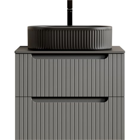 Meuble vasque salle de bain suspendu 60 cm avec vasque ovale noire et plan de travail en pierre frittée noire (1/5)