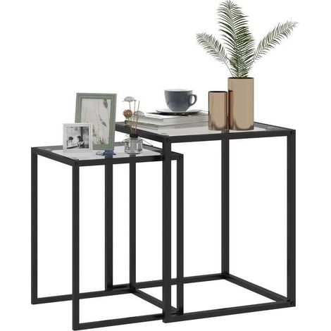 Ensemble de 2 Tables Empilables Modernes en Acier et Verre Noir Gain de Place pour Salon ou Bureau (1/5)