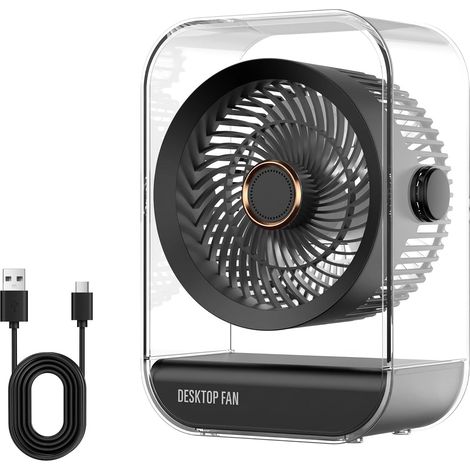 Ventilateur de Table USB avec Batterie 2400 mAh Rechargeable, Ventilateur Portable à Piles, 5 vitesses, Fonctionnement Silencieux, Rotation 360°, pour Maison, Bureau, Chambre, Extérieur (1/5)