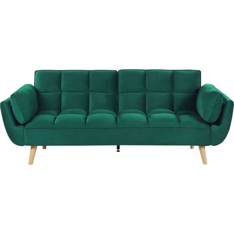 Sofá cama tapizado en tela de terciopelo verde 3 plazas patas de madera relleno de espuma espalda dividida relleno de galleta Asby (1/5)