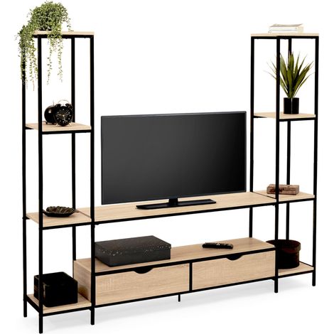 Idmarket – Ensemble meuble TV 164 cm DETROIT – 2 tiroirs en bois – Étagères latérales 150 cm – Design industriel en métal et bois (1/5)