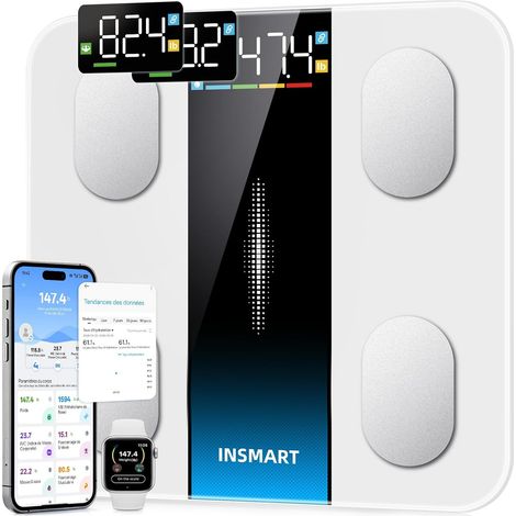 Pese Personne Intelligent, Balance Pese Personnes Haute Précision avec Grand Écran, Balance Connectée 16 Mesures Corporelles, IMC, Pourcentage de graisse Synchronisation APP, 400lb, Blanc (1/5)