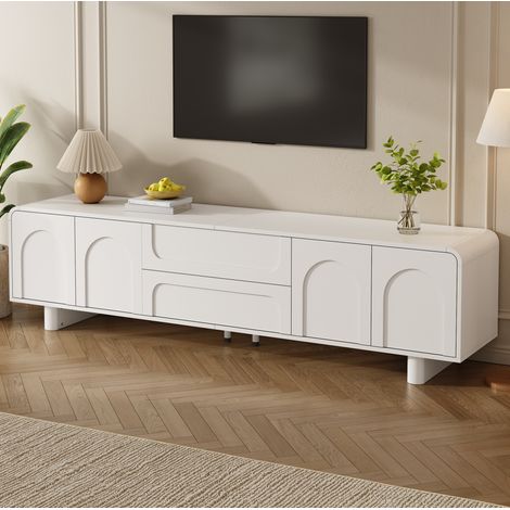 Mobile TV 180x40x46 cm con 4 ante, 2 cassetti e sistema di gestione cavi, contenitore simmetrico, MDF bianco (1/5)