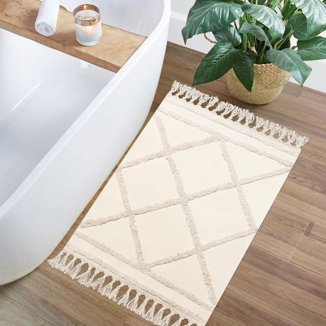 Tapis de Couloir Style bohème Beige touffeté en Coton avec Pompons tissés Lavable - pour Salle de Bain, Cuisine, Salon, Chambre à Coucher, Couloir (Beige, 60 x 90 cm (Rectangulaire)) (1/5)