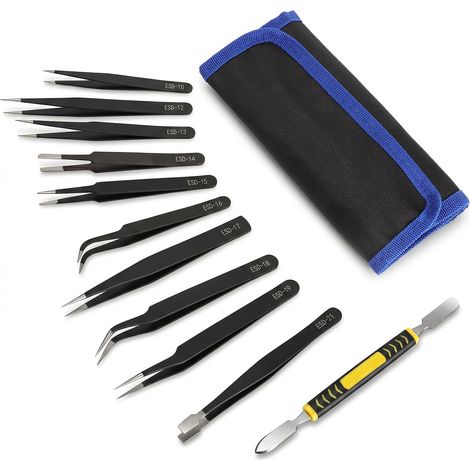 10 Pièces Pince Brucelles de Précision ESD avec pied de biche sac de rangement pince multiprise acier Inoxydable Pincettes Antistatiques pour Produits électroniques, artisanat et modélisme (1/5)