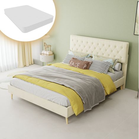 Letto matrimoniale imbottito beige 140x200 cm con testiera alta e materasso incluso (1/5)