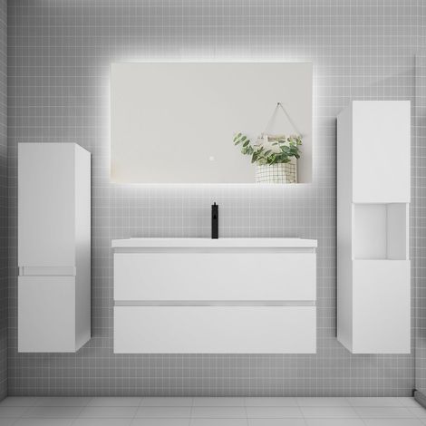 Ensemble meuble blanc et lavabo L.100cm 2 tiroirs + colonne2 haut + lavabo + miroir 80x60cm-suspendu (1/5)