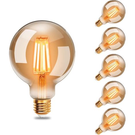 Edison Vintage Glühbirne, 95mm Durchmesser, Nicht Dimmbar, G95 E27 LED Filament Lampe, 4W Ersetzt 40W Glühlampe, 400 LM, 2200K Warmweiß, Bernsteinfarbenes Glas, 6 Stück (1/5)