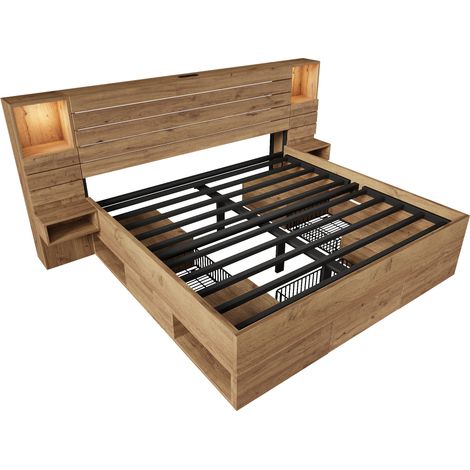 Lit double 180 x 200 cm avec LED, USB Type-C, niches et rangements, aspect chêne, sans matelas (1/5)