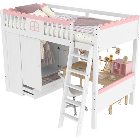 Lit mezzanine enfant 90x200 cm avec LED, armoire, tiroir de rangement et structure pin/MDF, chambre douce et gain de place pour enfant  CHICFURN (1/5)