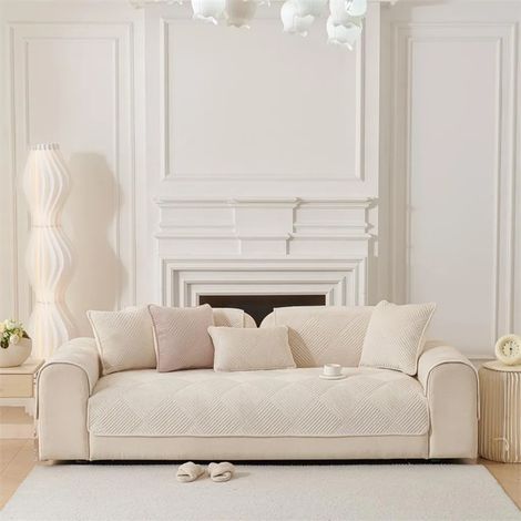 Housse de canapé 4 places épaisse et antidérapante, protection de meuble 90x210 cm, couleur blanc crème, anti-dérapante pour canapé (1/5)