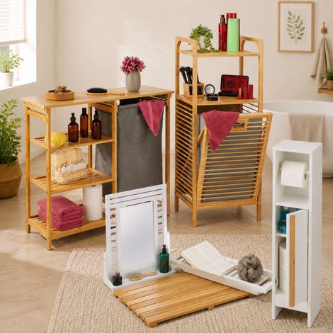 Bambus-Spa-Badezimmer-Set (4-teilig) – Wäscheablage, Badewannenablage & Rollenhalter (1/5)