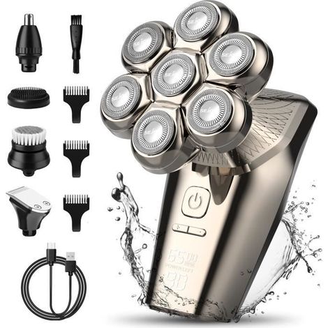 Rasoir Électrique Homme Sans Fil 5 En 1 SEJOY - Têtes Chauve Tondeuse à Barbe Cheveux Nez et Oreilles - Marron (1/4)