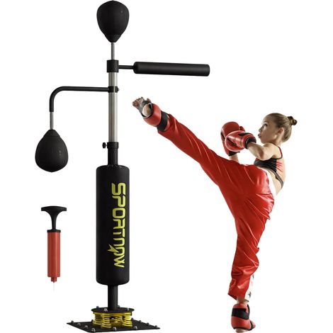 Support de boxe, deux speedballs, barre de frappe rotative, coussins de frappe, hauteur réglable, acier, 107 x 36 x 140-205 cm, noir (1/5)