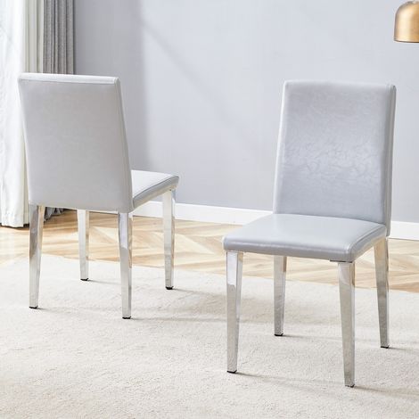Ensemble de 2 chaises de salle à manger design, cuir PU gris clair, pieds métal argenté, style moderne pour salon 41x47x90cm (1/5)