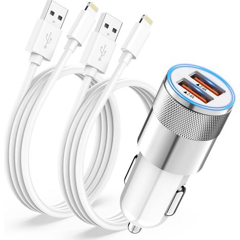 Chargeur Voiture avec 2x Câble Lightning,Chargeur Allume Cigare USB Rapide 2.4A Adaptateur Prise Allume Cigare USB Chargeur Voiture pour 14 13 12 11 Pro Max/XS/X/8/7 (1/5)