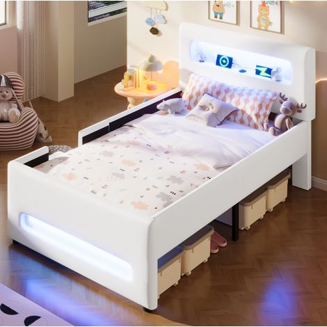 Bett 90x200 cm gepolstert in Weiß aus PU und MDF mit Kopfteil, Schublade, LED-Beleuchtung und Aufbewahrungstaschen (1/5)