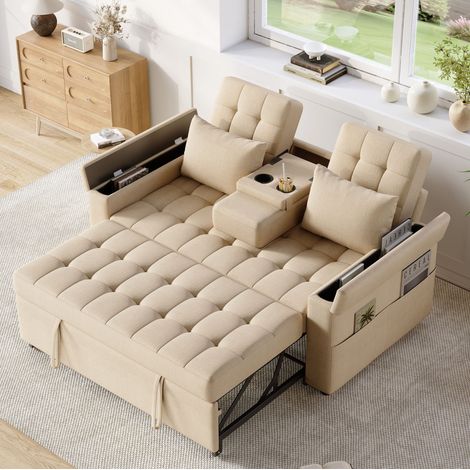 Divano letto estraibile 159x142.5x92 cm, schienale regolabile, 2 cuscini, vano portaoggetti, cotone e lino beige (1/5)