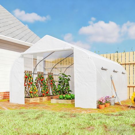 Serre tunnel avec 6 fenêtres et porte enroulable, serre de jardin tunnel en polyéthylène avec tubes métalliques, pour plantes et fruits, 4,5 x 3 x 2 m, blanche (1/5)