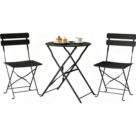 Set da giardino pieghevole in metallo nero con tavolo rotondo e 2 sedie (1/5)