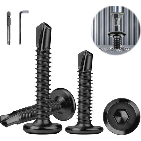 100 Pièces Vis Autotaraudeuses en Acier Inoxydable M5.5x25mm 410 Tête Plate à Six Pans Creux Autoforeuses Noires avec Tournevis Clé Allen et Six Pans Creux (1/5)