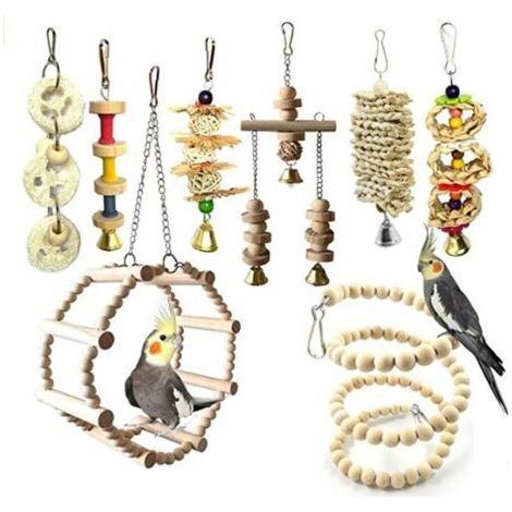 Jouets pour Oiseaux 8 Pièces avec Jouets à mâcher et Balançoires de Perché pour Cage à Oiseaux - Idéal décoration de Volière et Jouets à Cloches pour Perroquets, Perruches, Petite Aras 1 (1/5)