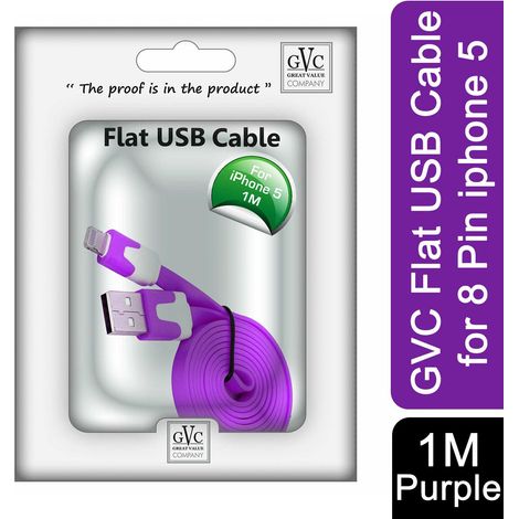 GVC 1 Metre Tangle Free Flat USB to 8 Pin Cable for Syncing & Charging, Purple (1/5)
