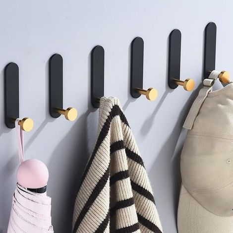 Adhesive Wall Hooks No Drilling Required, Bathroom Coat Hooks Wall Mounted Adhesive Hooks, Kitchen Towel Holder, 6 Pcs Black Gold (1/5)
