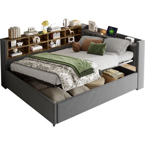 Canapé-lit rembourré 140x200 cm avec USB + Type-C, Lit simple avec veilleuse, Lit coffre, Tête de lit capitonnée, Velours, Gris (1/5)