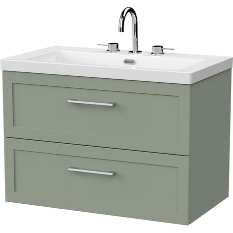 Stonnall Traditional Wall Hung 2 Drawers Vanity Unit with 3 Tap Hole Fireclay Basin, 800mm, Reed Green