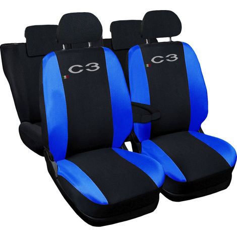 Lupex shop - Coprisedili Auto Compatibili per C3, Made In Italy, set di copri sedili anteriori e posteriori con copri poggiatesta incluso, tessuto poliestere, colore - Nero / Blu Royal