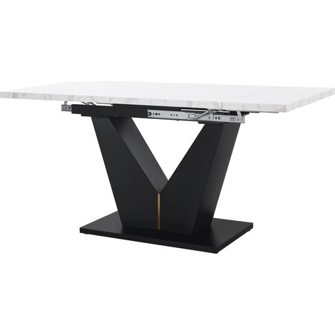 Tavolo da pranzo allungabile 99-159 x 75 x 75 cm, piano in MDF effetto marmo, struttura a V, bianco (1/5)