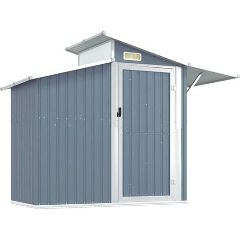 Cabane de jardin grise, mesurant 270x130x208,5 cm, en métal galvanisé.