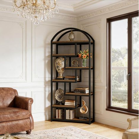 Offenes Regal mit 7 Ebenen, 180 x 80 x 30 cm, MDF und Metall, Schwarz und rustikale Eiche HAVRYA (1/5)